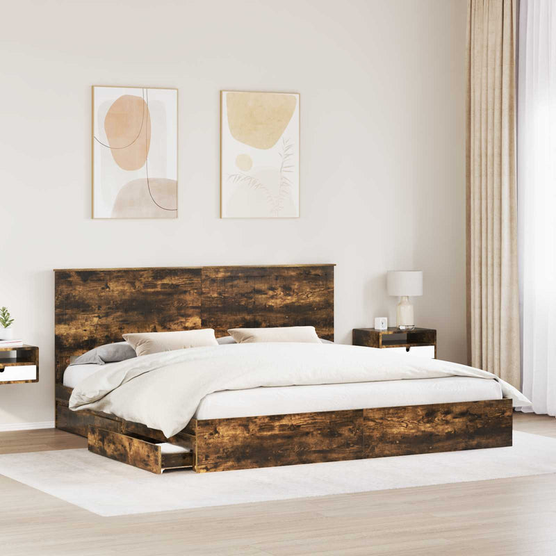 vidaXL Tárolós Ágy fejtámlával Füstölt tölgy 200 x 200 cm Faanyag