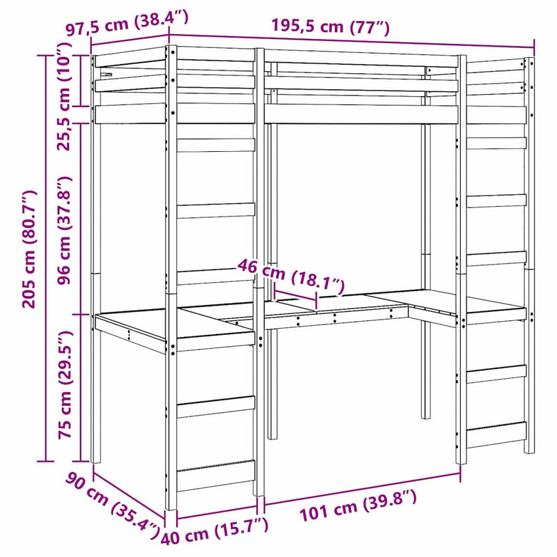 vidaXL Tetőtéri ágykeret Természetes 90 x 190 cm Tömör fenyőfa