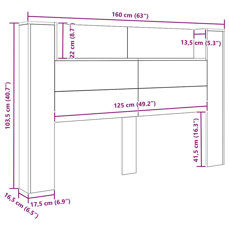 vidaXL Fejtámla polcokkal Fekete tölgy 160 x 17 x 104,5 cm Faanyag