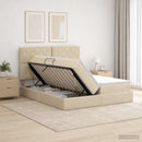 vidaXL Tárolós Ágy fejtámlával tárolóval Krémszínű 200 x 200 cm Szövet