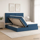 vidaXL Tárolós Ágy fejtámlával tárolóval Kék 200 x 200 cm Szövet