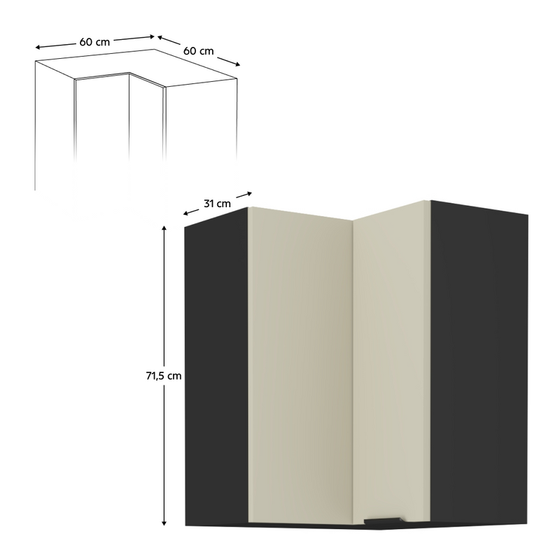 Felső sarokszekrény kasmír/fekete, ARAKA 60x60 GN-72 2F