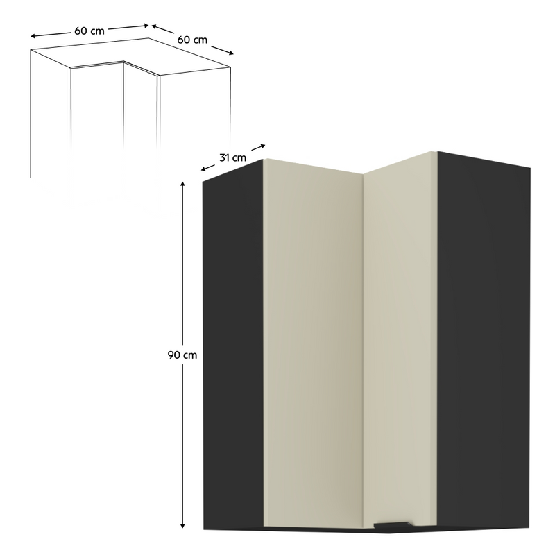 Felső sarokszekrény kasmír/fekete, ARAKA 60x60 GN-90 2F