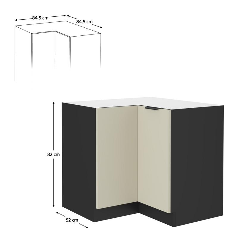 Alsó sarokszekrény, kasmír/fekete, ARAKA 90x90 DN 2F BB