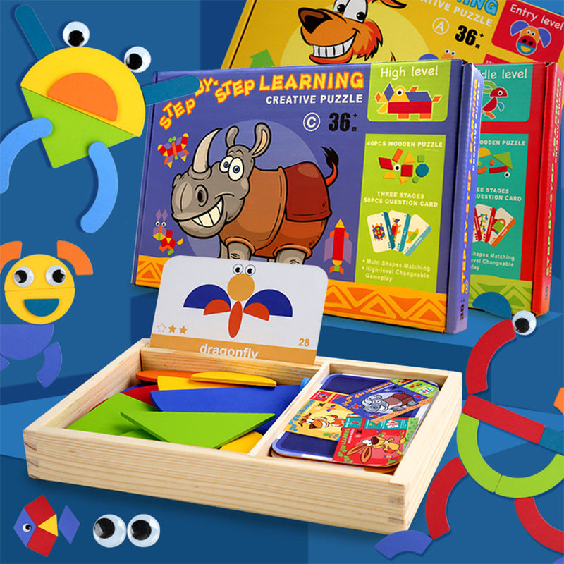 Mágneses tangram fajáték angol kártyákkal, haladó szint