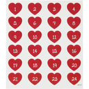 Karácsonyi matrica, adventi naptár, számok 1-24-ig, szív alakú, 15x17cm