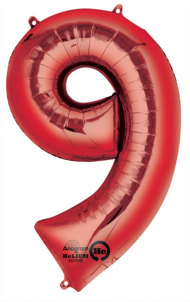 Óriás 9-es Red szám Fólia lufi 86*55 cm, J-DPA2829801