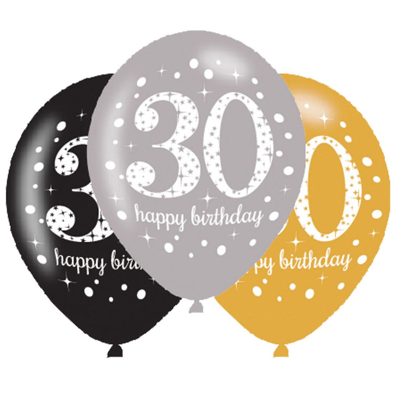 Happy Birthday 30 Gold léggömb, lufi 6 db-os 11 inch (27,5 cm), J-DPA9900738