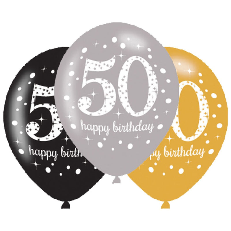 Happy Birthday 50 Gold léggömb, lufi 6 db-os 11 inch (27,5 cm), J-DPA9900740