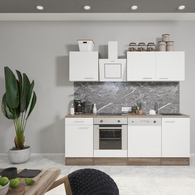 Yorki 220 konyhabútor yorki tölgy korpusz,selyemfényű fehér fronttal alsó sütős elemmel