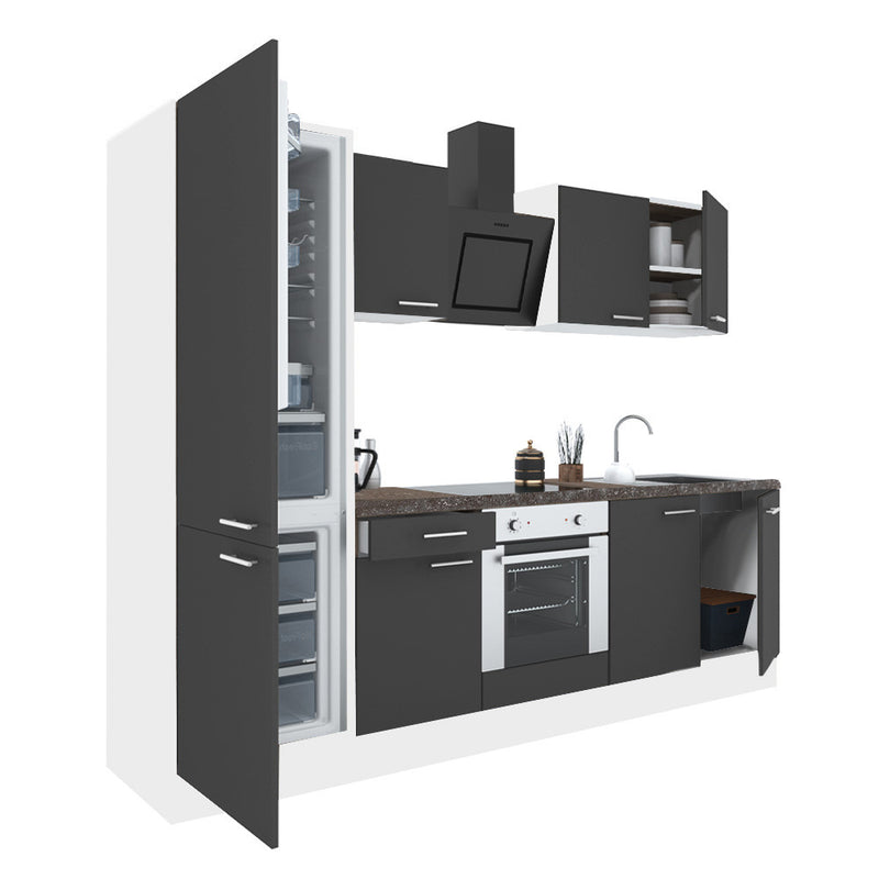 Yorki 270 konyhabútor fehér korpusz,selyemfényű antracit front alsó sütős elemmel alulfagyasztós hűtős szekrénnyel