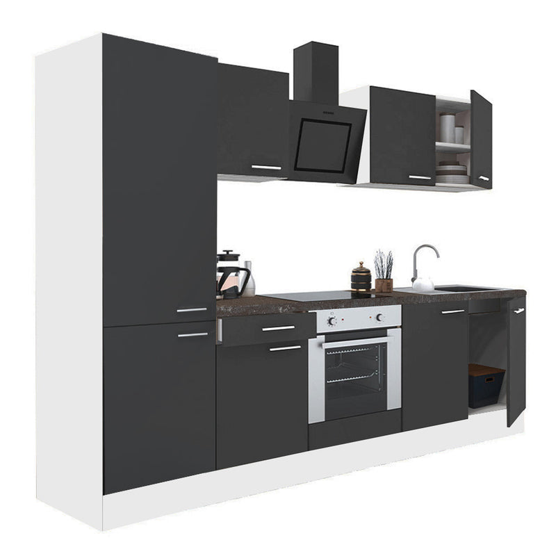 Yorki 270 konyhabútor fehér korpusz,selyemfényű antracit front alsó sütős elemmel polcos szekrénnyel