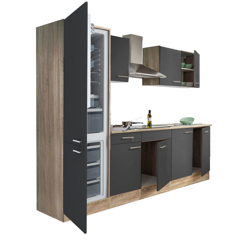 Yorki 270 konyhabútor sonoma tölgy korpusz,selyemfényű antracit fronttal alulfagyasztós hűtős szekrénnyel