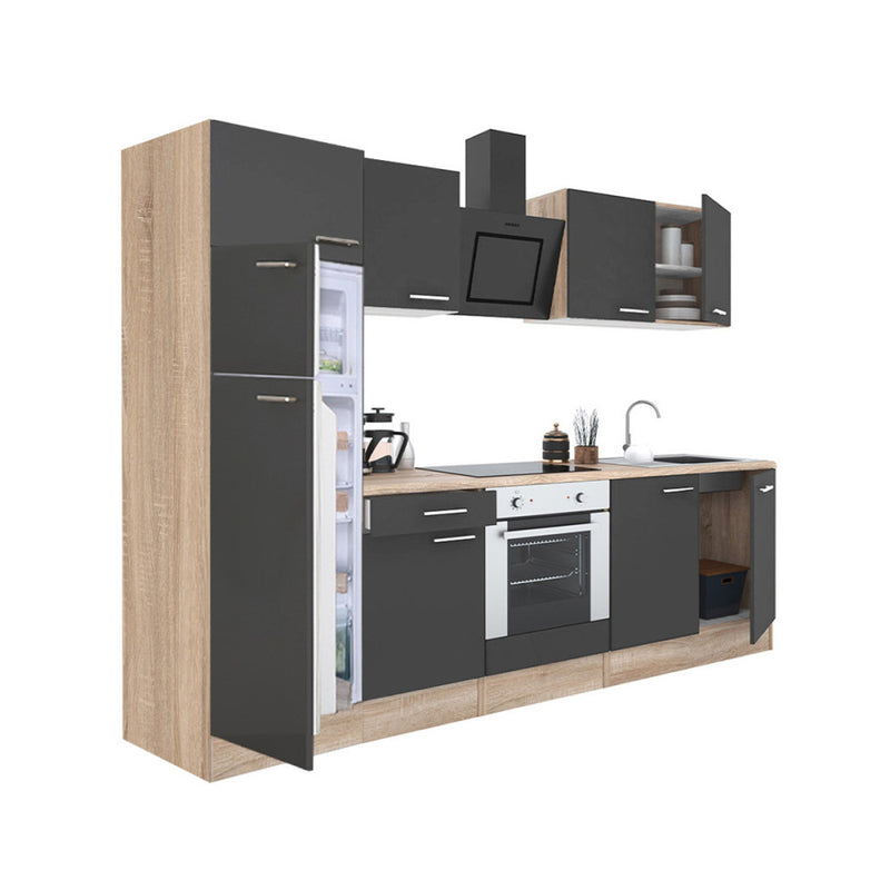 Yorki 270 konyhabútor sonoma tölgy korpusz,selyemfényű antracit front alsó sütős elemmel felülfagyasztós hűtős szekrénnyel