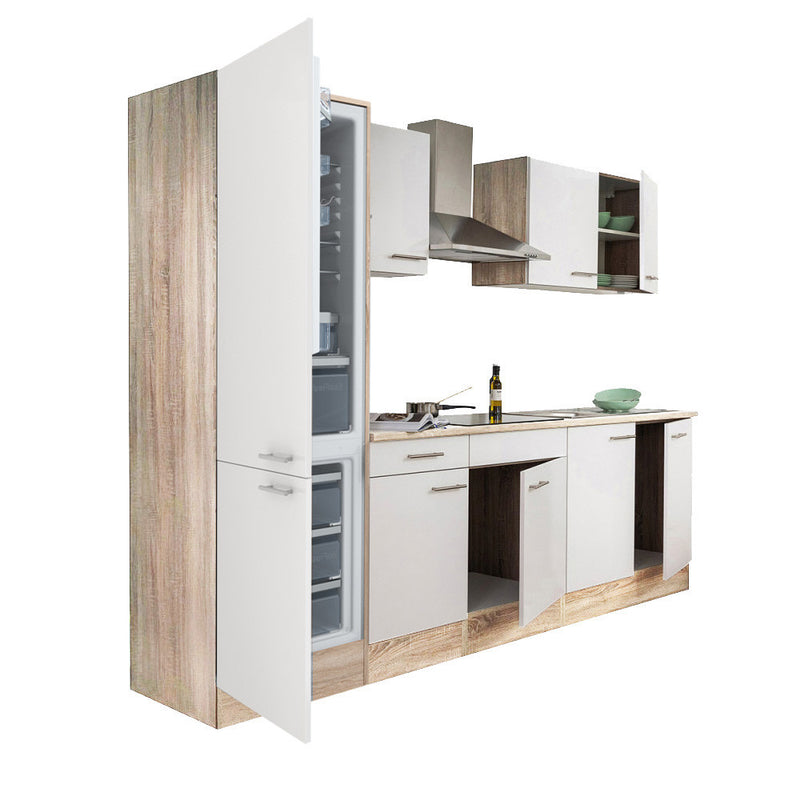 Yorki 270 konyhabútor sonoma tölgy korpusz,selyemfényű fehér fronttal alulfagyasztós hűtős szekrénnyel