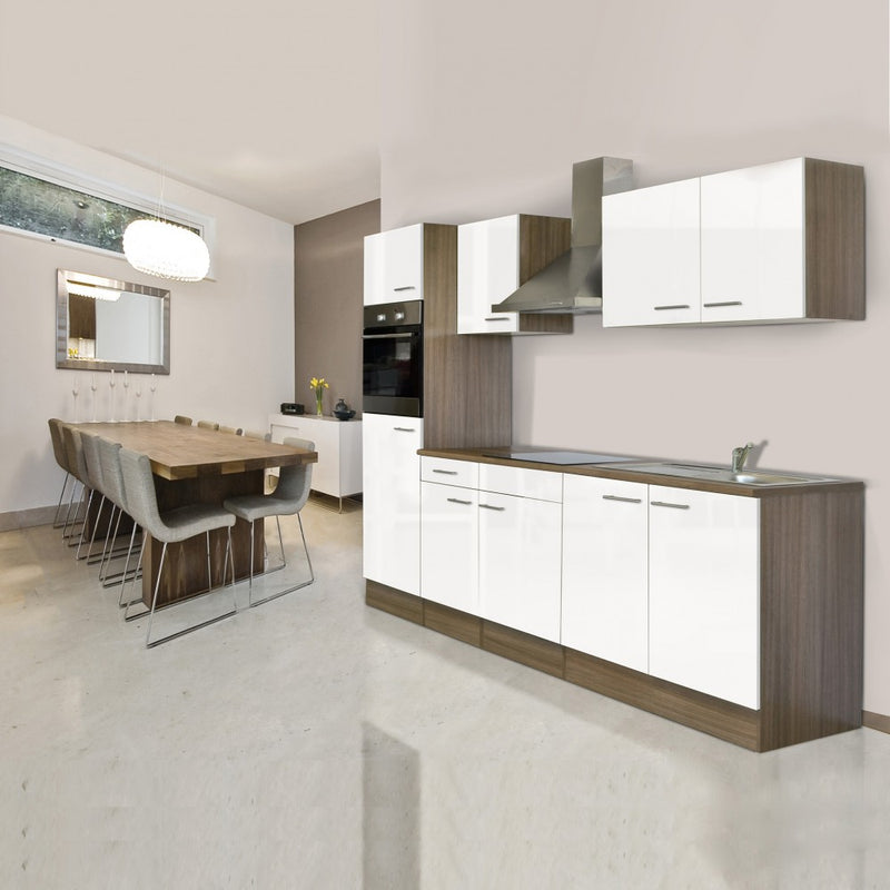 Yorki konyhabútor Yorki tölgy korpusszal, selyemfényű fehér fronttal 270 cm-es méretben