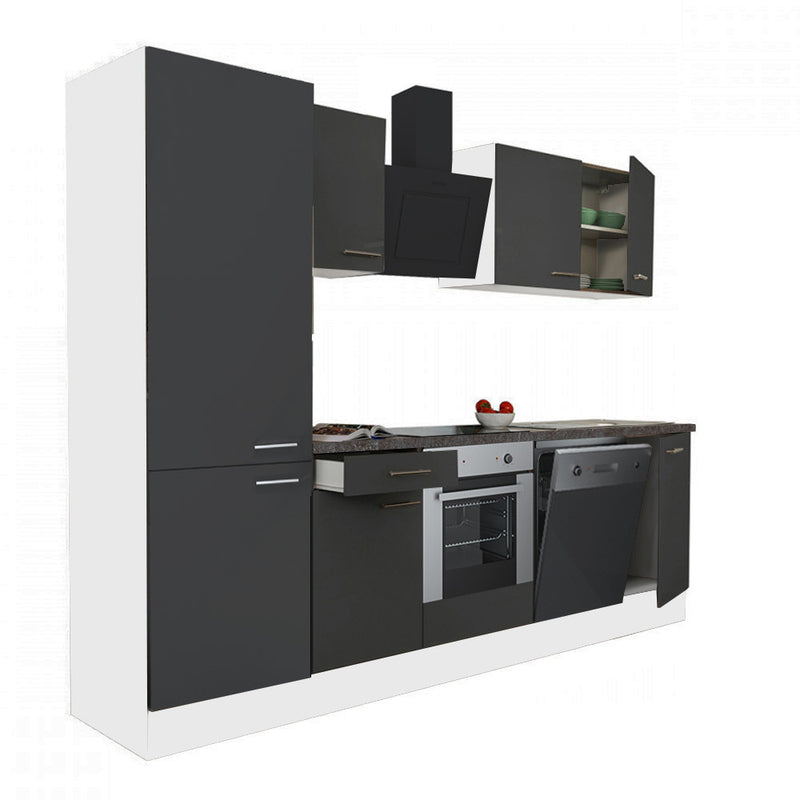 Yorki 280 konyhabútor fehér korpusz,selyemfényű antracit front alsó sütős elemmel polcos szekrénnyel