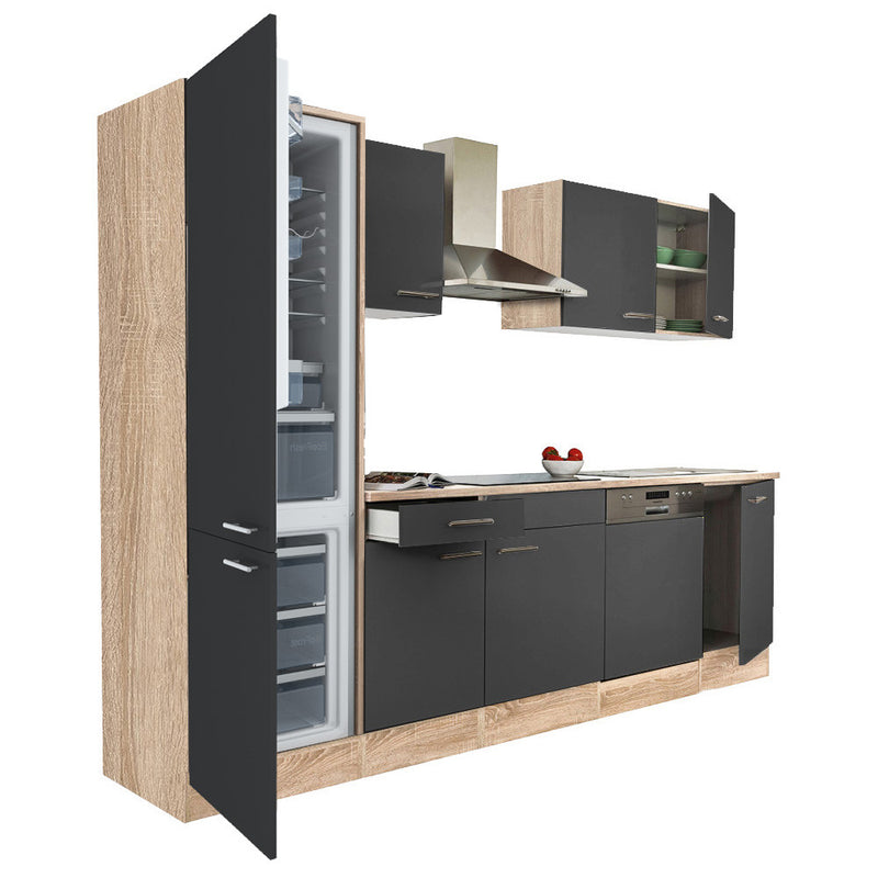 Yorki 280 konyhabútor sonoma tölgy korpusz,selyemfényű antracit fronttal alulfagyasztós hűtős szekrénnyel