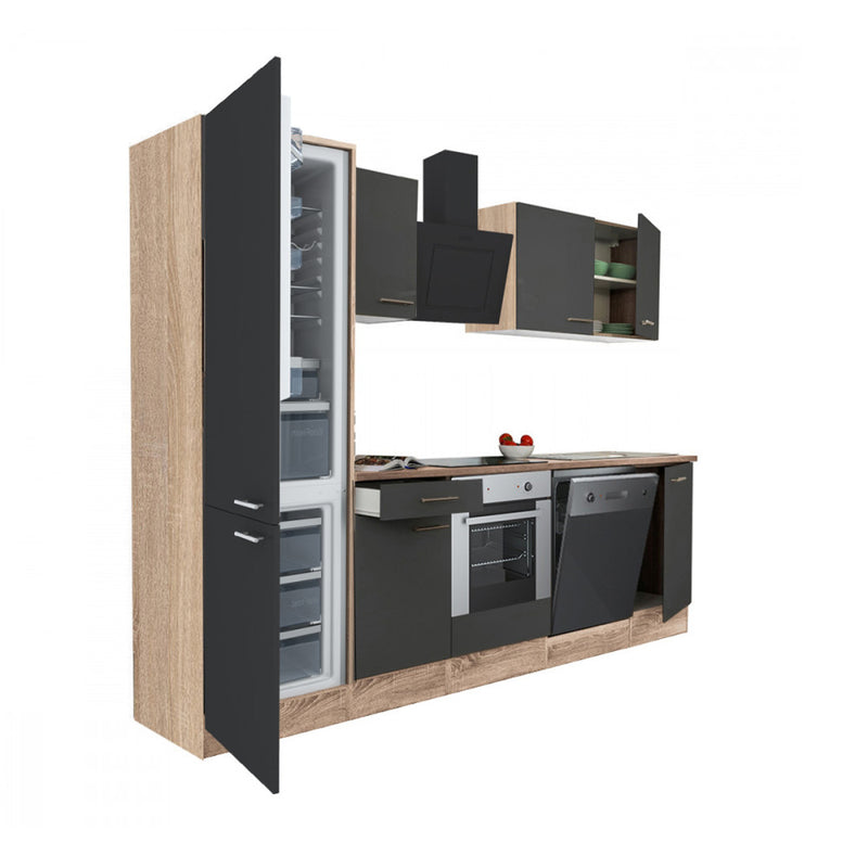 Yorki 280 konyhabútor sonoma tölgy korpusz,selyemfényű antracit front alsó sütős elemmel alulfagyasztós hűtős szekrénnyel