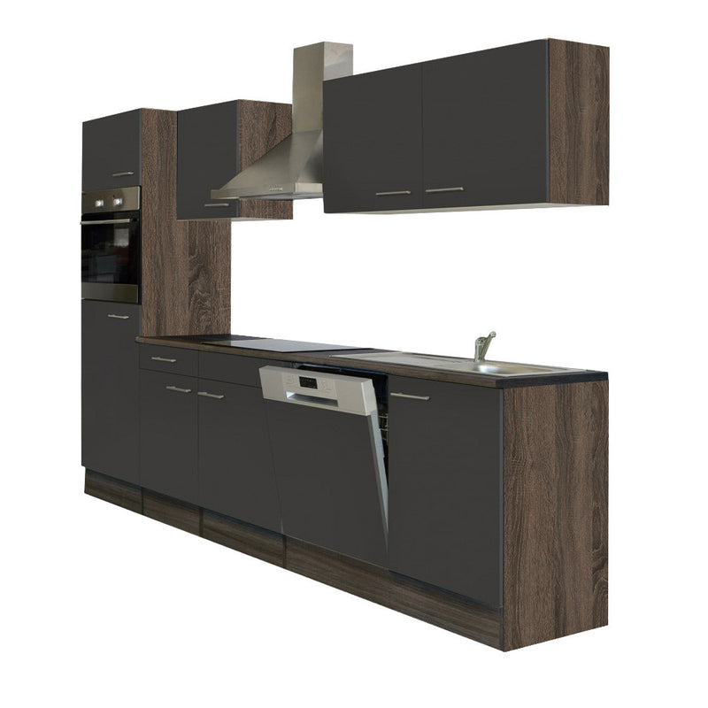 Yorki konyhabútor Yorki tölgy korpusszal, selyemfényű antracit fronttal 280 cm-es méretben