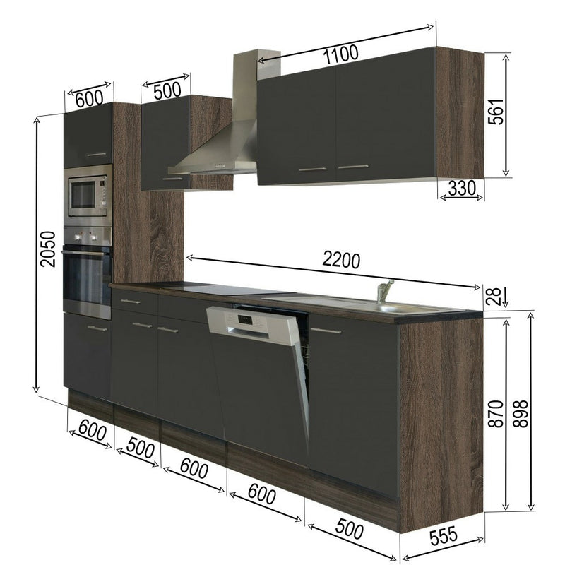 Yorki konyhabútor Yorki tölgy korpusszal, selyemfényű antracit fronttal 280 cm-es méretben