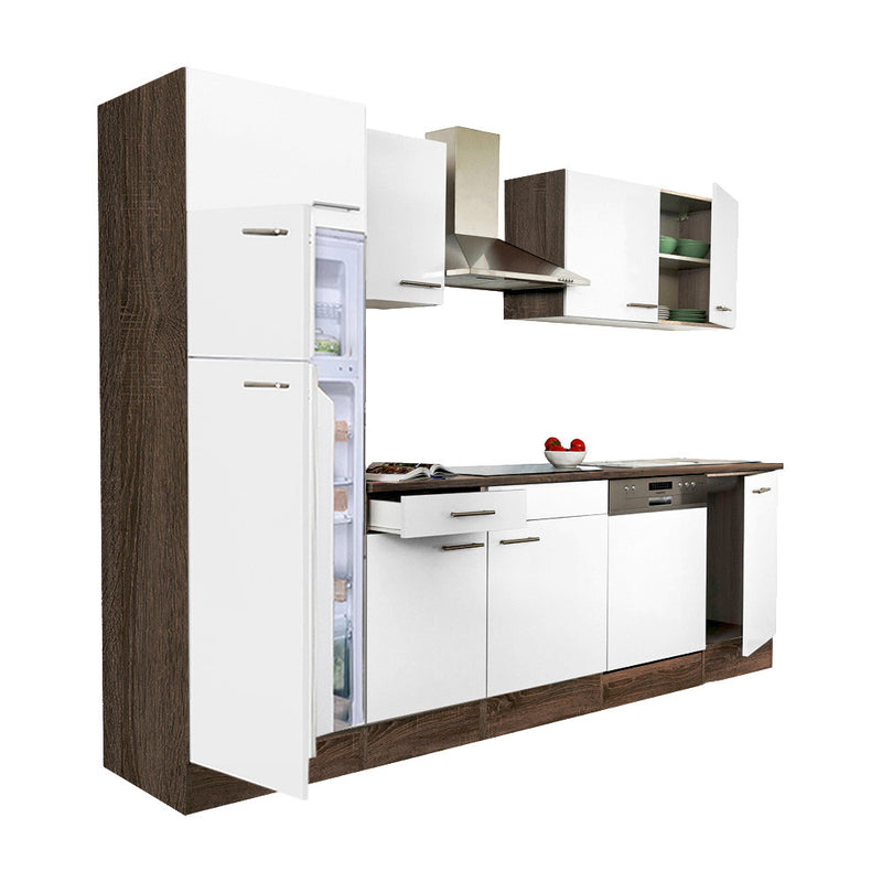 Yorki 280 konyhabútor yorki tölgy korpusz,selyemfényű fehér fronttal felülfagyasztós hűtős szekrénnyel