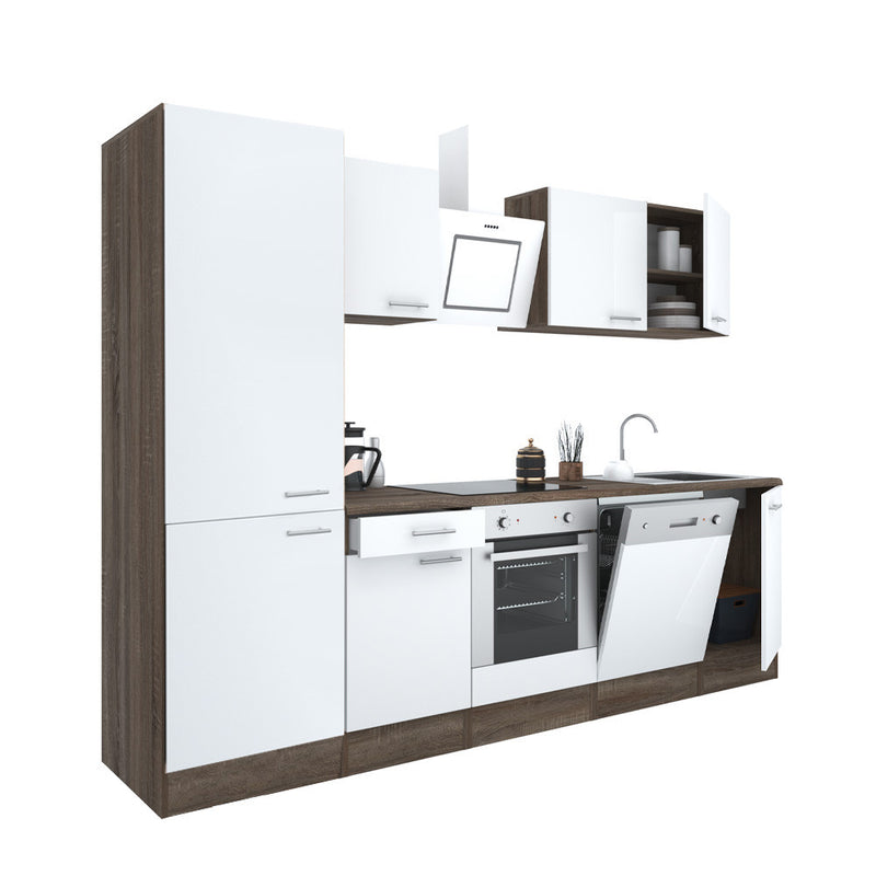 Yorki 280 konyhabútor yorki tölgy korpusz,selyemfényű fehér front alsó sütős elemmel polcos szekrénnyel