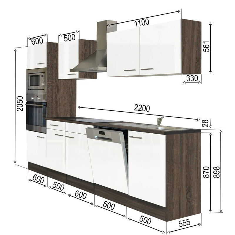Yorki konyhabútor Yorki tölgy korpusszal, selyemfényű fehér fronttal 280 cm-es méretben