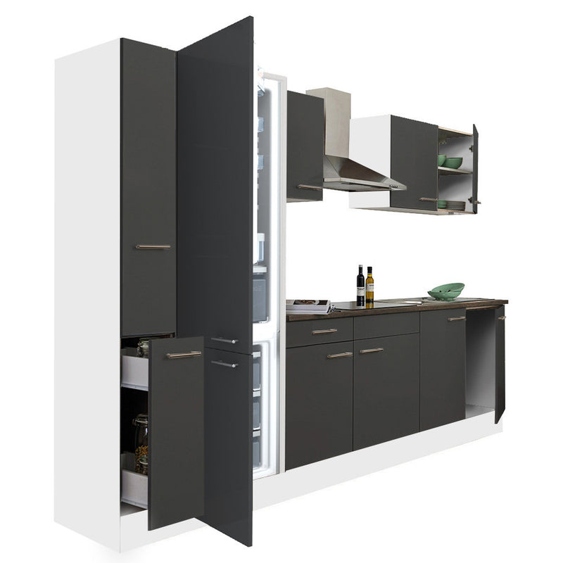 Yorki 300 konyhabútor fehér korpusz,selyemfényű antracit fronttal alulfagyasztós hűtős szekrénnyel