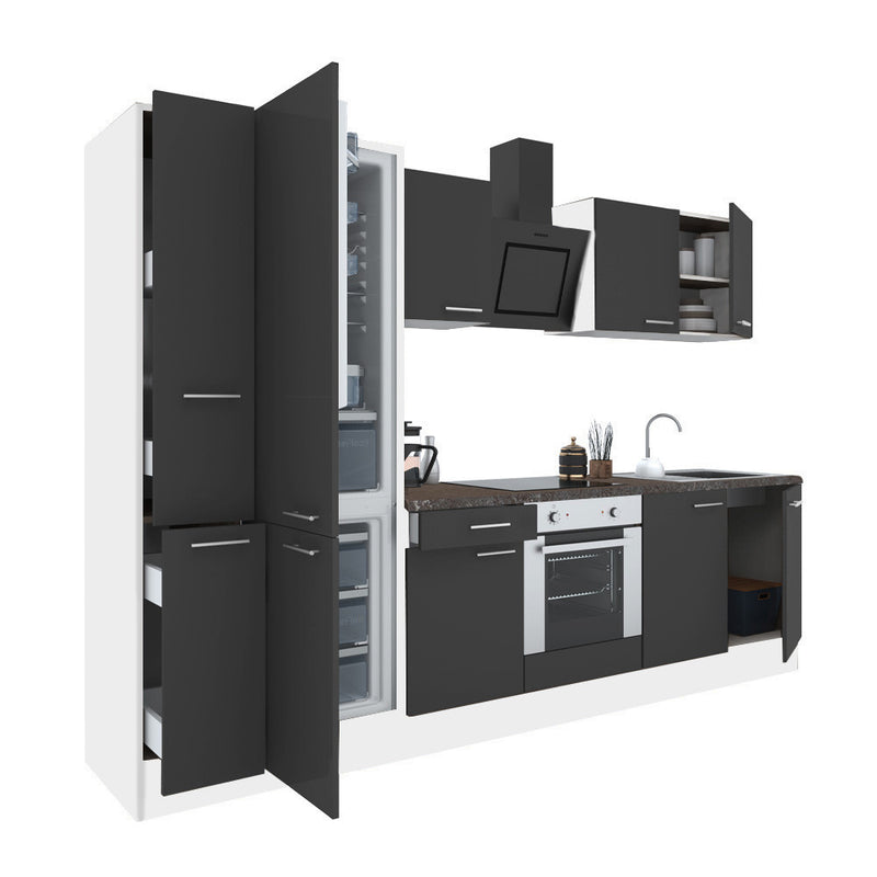 Yorki 300 konyhabútor fehér korpusz,selyemfényű antracit front alsó sütős elemmel alulfagyasztós hűtős szekrénnyel