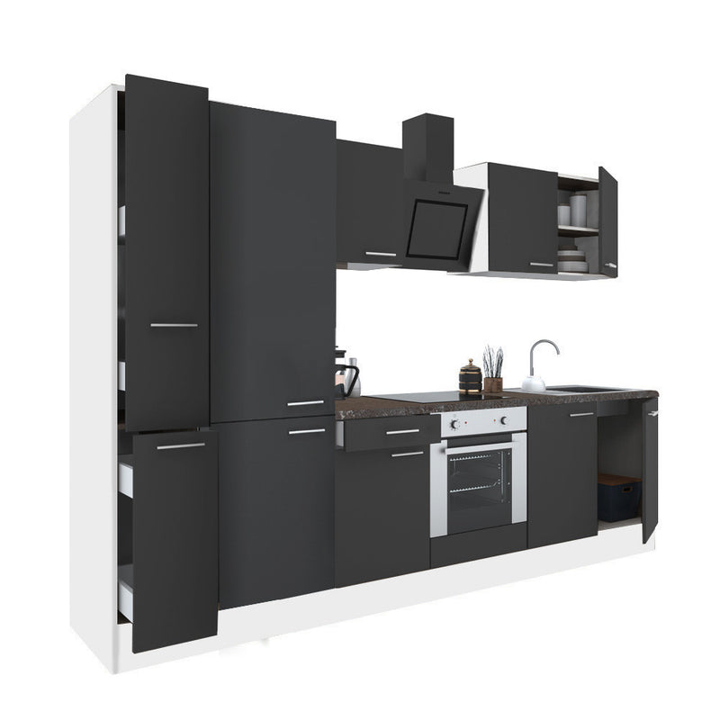 Yorki 300 konyhabútor fehér korpusz,selyemfényű antracit front alsó sütős elemmel polcos szekrénnyel