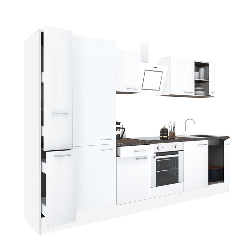 Yorki 300 konyhabútor fehér korpusz,selyemfényű fehér front alsó sütős elemmel polcos szekrénnyel