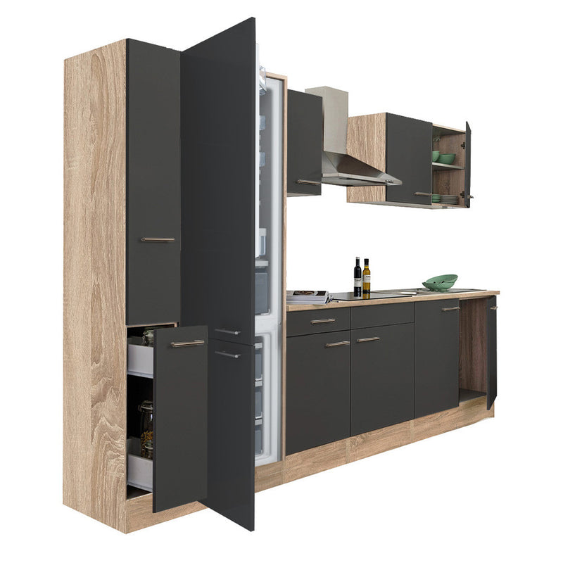 Yorki 300 konyhabútor sonoma tölgy korpusz,selyemfényű antracit fronttal alulfagyasztós hűtős szekrénnyel