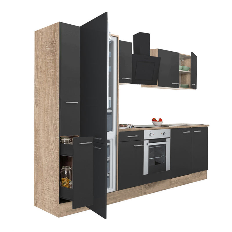 Yorki 300 konyhabútor sonoma tölgy korpusz,selyemfényű antracit front alsó sütős elemmel alulfagyasztós hűtős szekrénnyel
