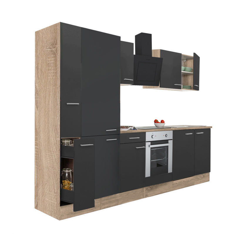 Yorki 300 konyhabútor sonoma tölgy korpusz,selyemfényű antracit front alsó sütős elemmel polcos szekrénnyel
