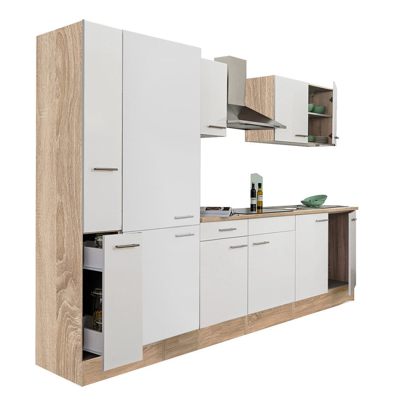 Yorki 300 konyhabútor sonoma tölgy korpusz,selyemfényű fehér fronttal polcos szekrénnyel