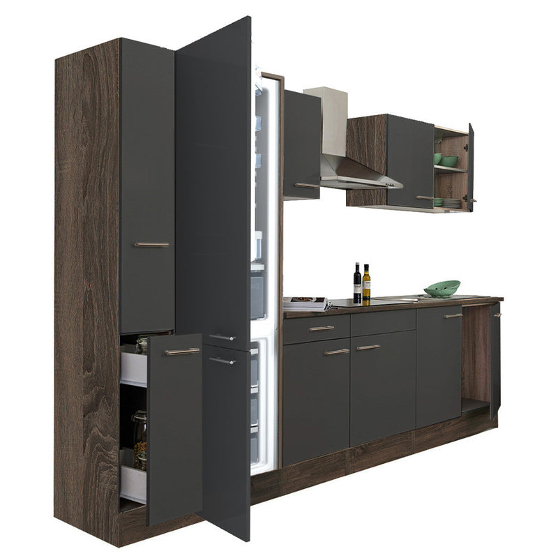 Yorki 300 konyhabútor yorki tölgy korpusz,selyemfényű antracit fronttal alulfagyasztós hűtős szekrénnyel