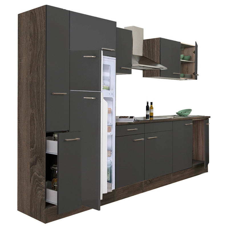 Yorki 300 konyhabútor yorki tölgy korpusz,selyemfényű antracit fronttal felülfagyasztós hűtős szekrénnyel