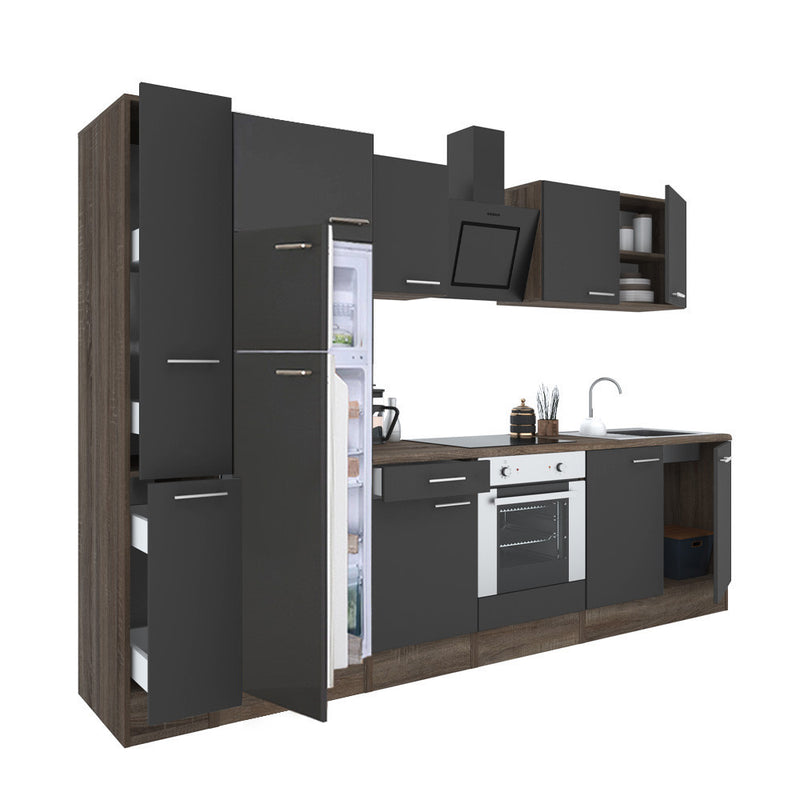 Yorki 300 konyhabútor yorki tölgy korpusz,selyemfényű antracit front alsó sütős elemmel felülfagyasztós hűtős szekrénnyel