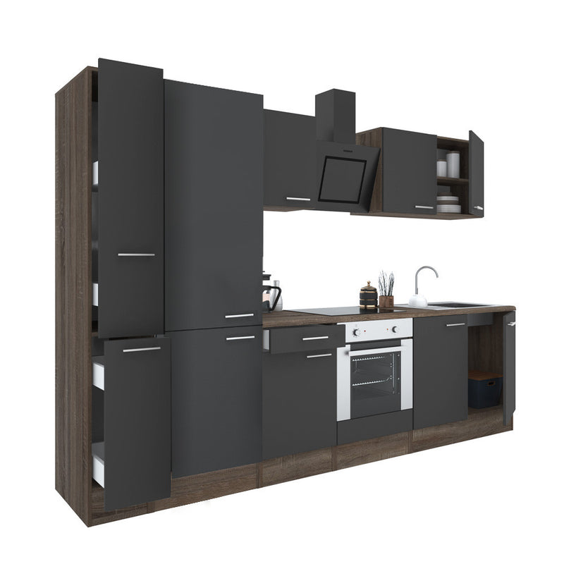 Yorki 300 konyhabútor yorki tölgy korpusz,selyemfényű antracit front alsó sütős elemmel polcos szekrénnyel