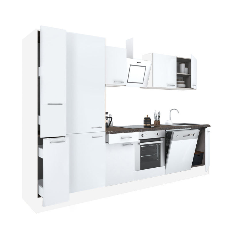 Yorki 310 konyhabútor fehér korpusz,selyemfényű fehér front alsó sütős elemmel polcos szekrénnyel