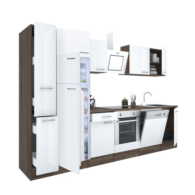 Yorki 310 konyhabútor yorki tölgy korpusz,selyemfényű fehér front alsó sütős elemmel felülfagyasztós hűtős szekrénnyel