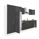 Yorki 330 konyhabútor fehér korpusz,selyemfényű antracit fronttal polcos szekrénnyel és felülfagyasztós hűtős szekrénnyel
