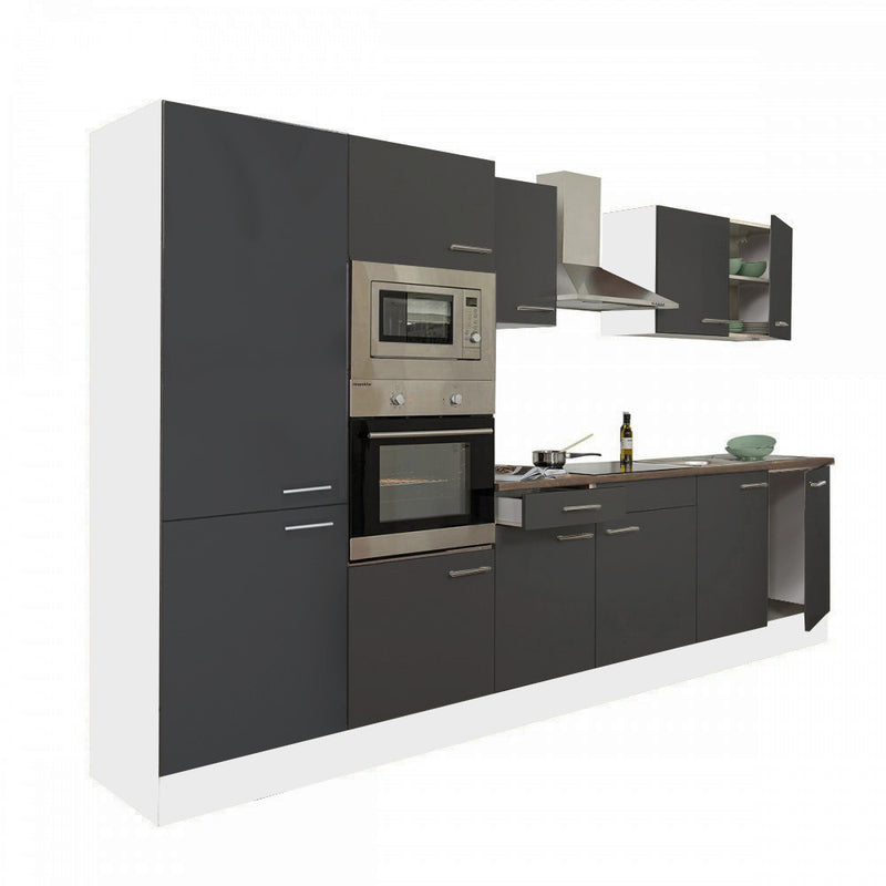 Yorki 330 konyhabútor fehér korpusz,selyemfényű antracit fronttal polcos szekrénnyel