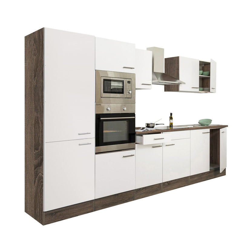 Yorki 330 konyhabútor yorki tölgy korpusz,selyemfényű fehér fronttal polcos szekrénnyel