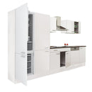 Yorki 340 konyhabútor fehér korpusz,selyemfényű fehér fronttal polcos szekrénnyel és alulfagyasztós hűtős szekrénnyel