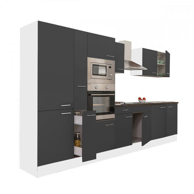 Yorki 360 konyhabútor fehér korpusz,selyemfényű antracit fronttal polcos szekrénnyel