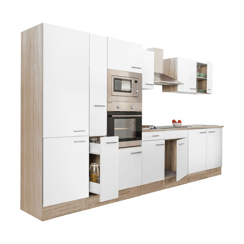 Yorki 360 konyhabútor sonoma tölgy korpusz,selyemfényű fehér fronttal polcos szekrénnyel