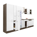 Yorki 370 konyhabútor yorki tölgy korpusz,selyemfényű fehér fronttal polcos szekrénnyel és felülfagyasztós hűtős szekrénnyel