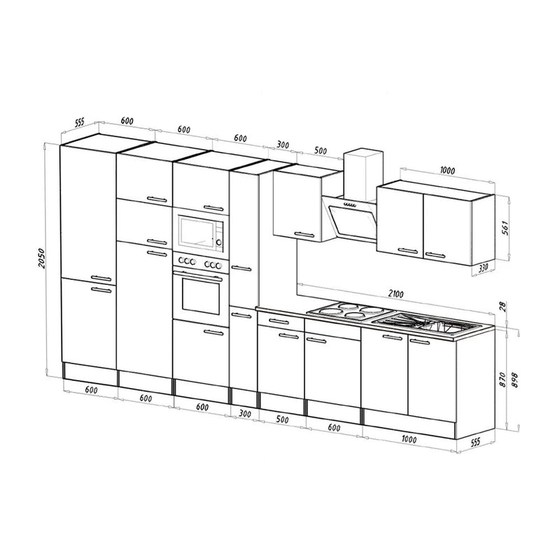 Yorki 420 konyhabútor yorki tölgy korpusz,selyemfényű fehér fronttal felülfagyasztós hűtős szekrénnyel